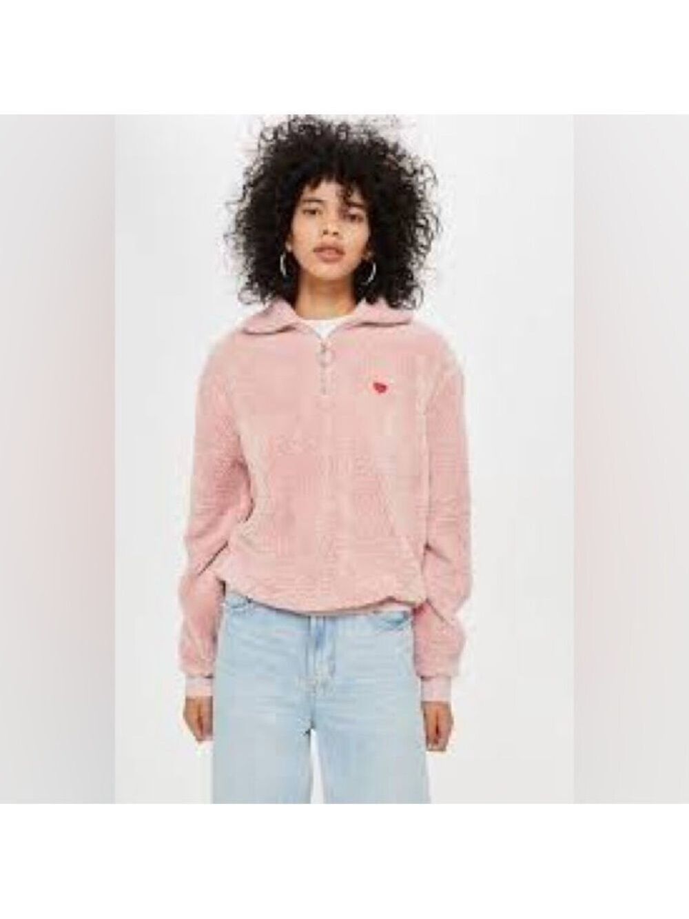 Women’s TopShop Pink Borg Heart Quarter Zip Fleeve Pullover Sweater Size 6 US!